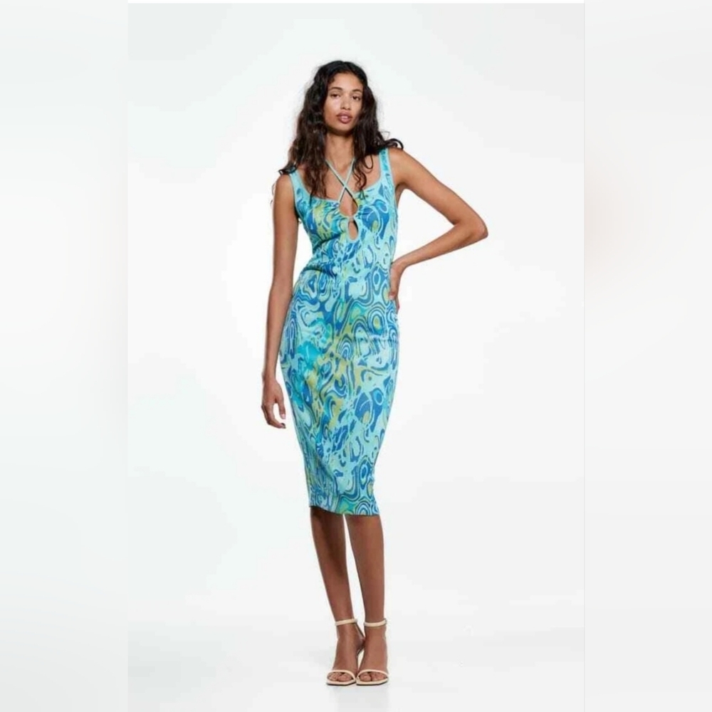 Zara Cut Out Jacquard Dress Adjustable Tie/Strap Blue and Green Swirl Dress Sz L